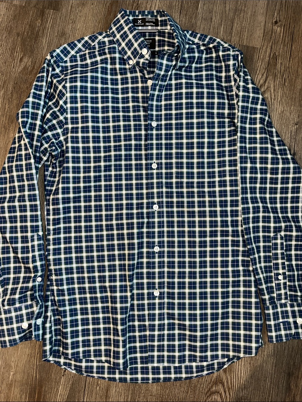 NORDSTROM Men's Navy, Green and White Plaid Button-Down Shirt